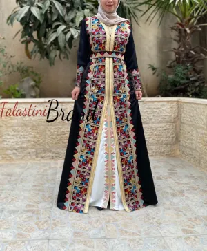 2 Pieces Black Moroccan Like Kaftan Dress with Palestinian Embroidery