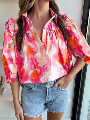 Abstract Print Frill Trim Half Sleeve Blouse