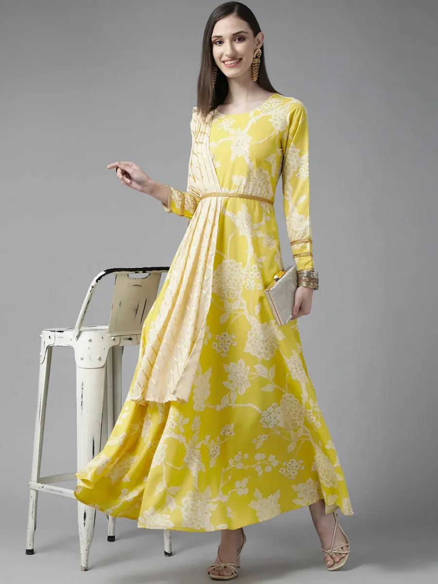 Ahalyaa Womens Lemmon Yellow Crepe Digital Printed Drapped Dress