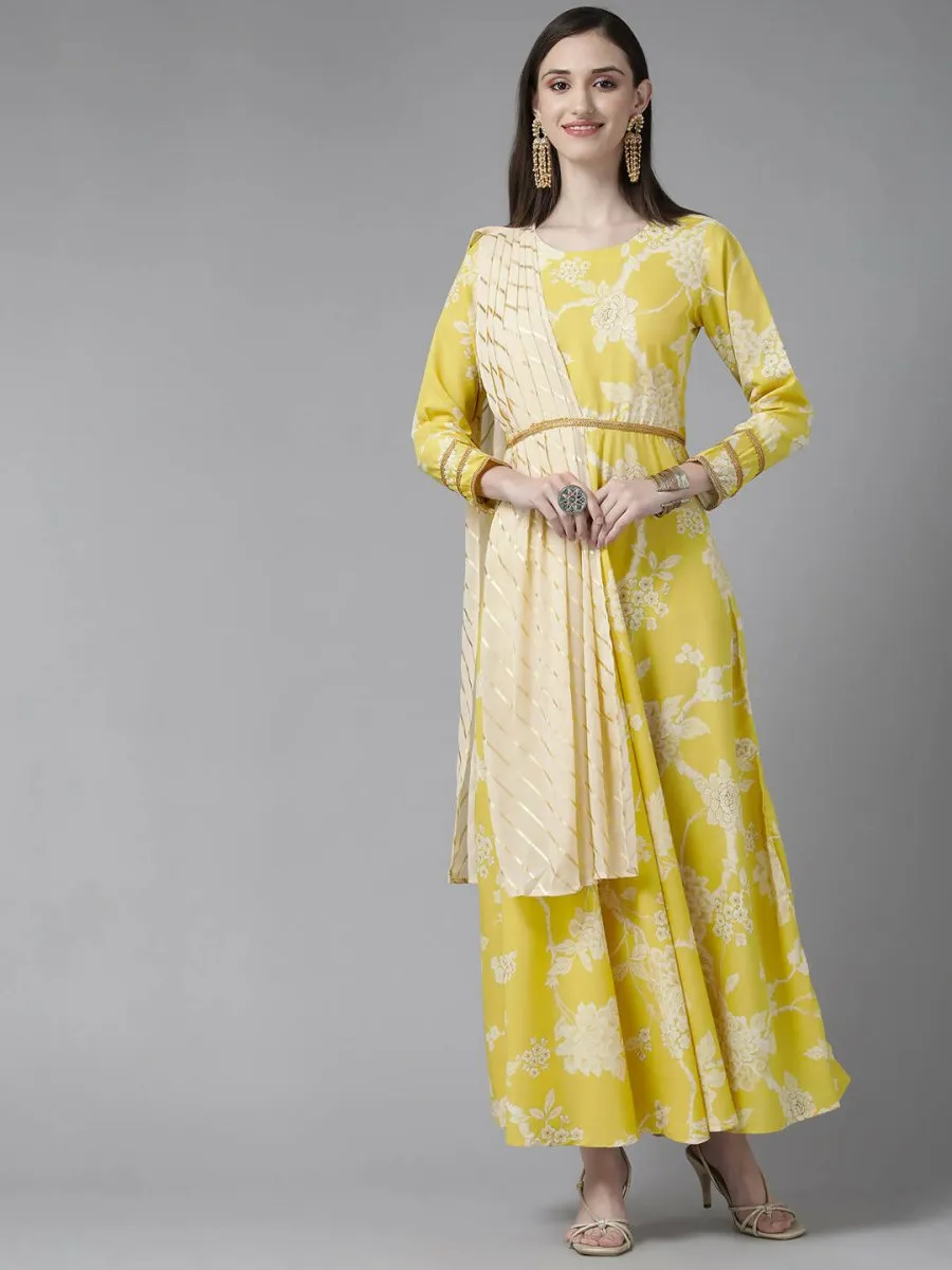 Ahalyaa Womens Lemmon Yellow Crepe Digital Printed Drapped Dress