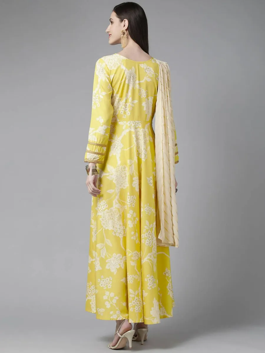 Ahalyaa Womens Lemmon Yellow Crepe Digital Printed Drapped Dress