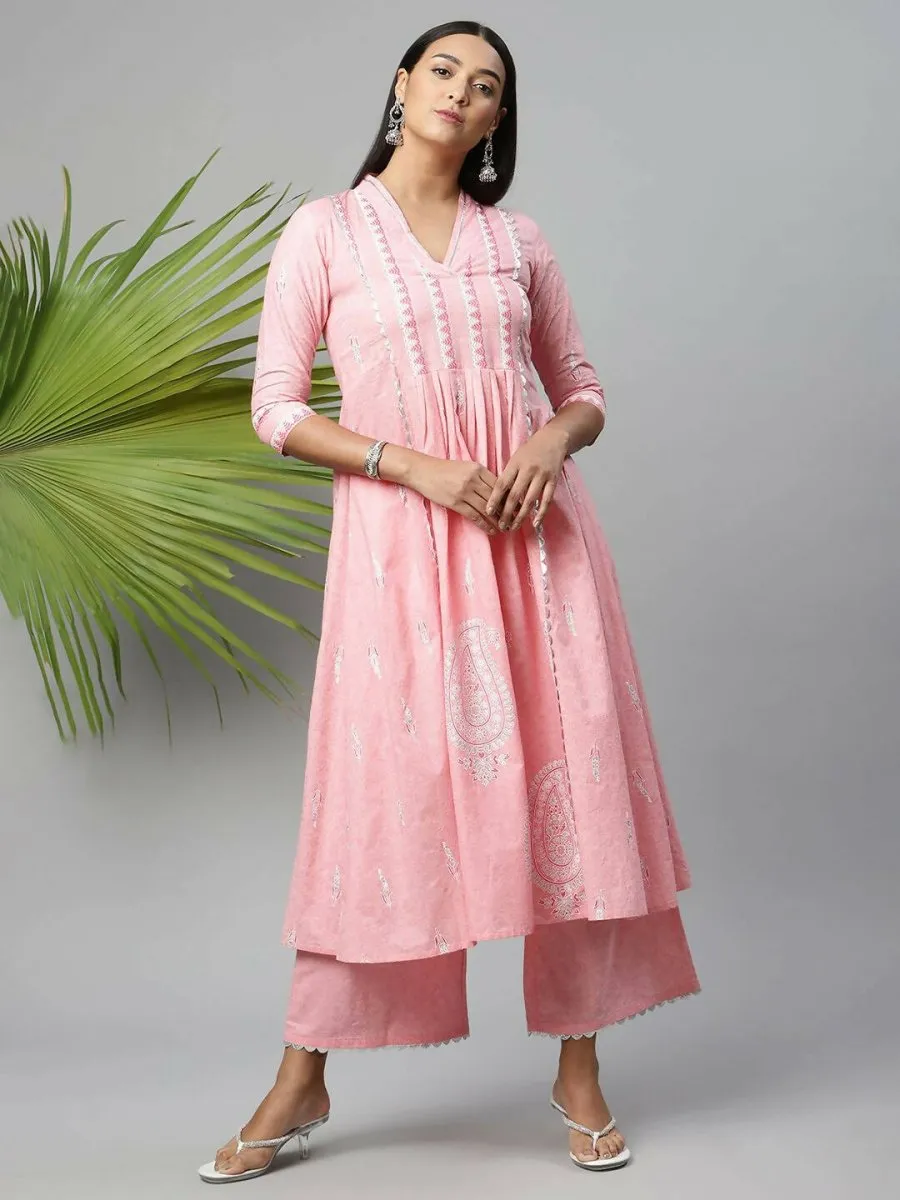 Ahalyaa Womens Pink Pure Cotton Printed Kurta Palazzo Set