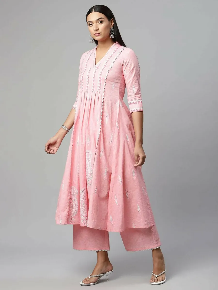 Ahalyaa Womens Pink Pure Cotton Printed Kurta Palazzo Set