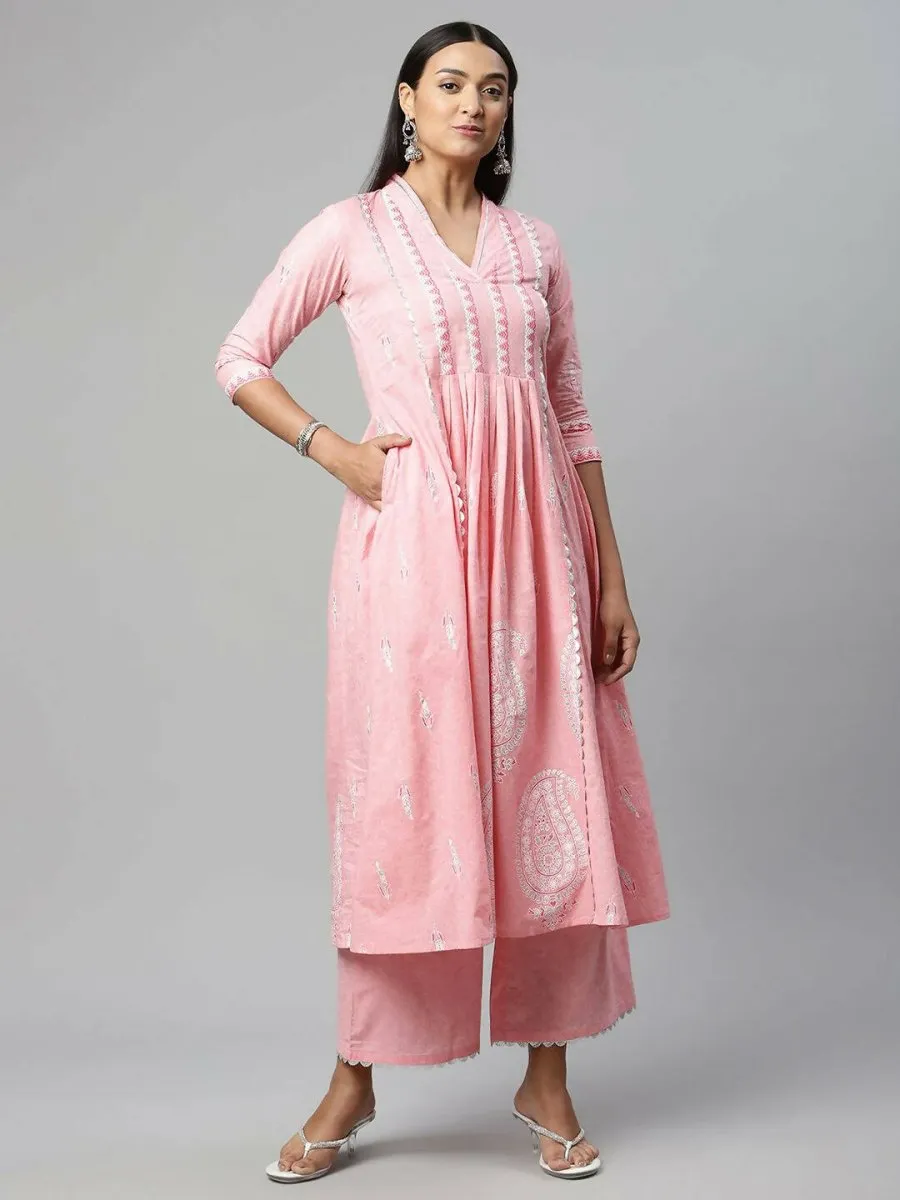 Ahalyaa Womens Pink Pure Cotton Printed Kurta Palazzo Set