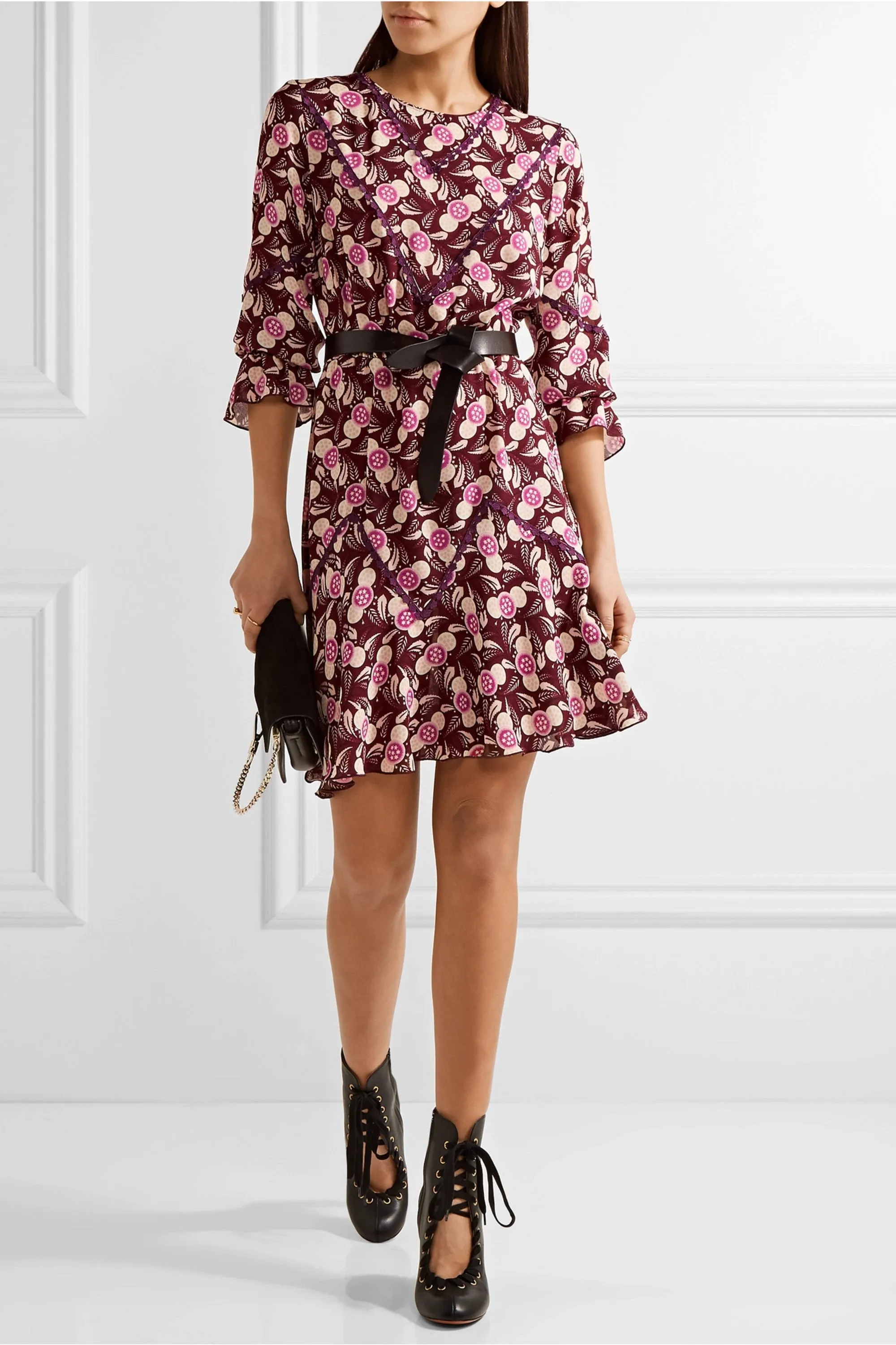 Anna Sui Lace-Trimmed Printed Crepe Mini Dress