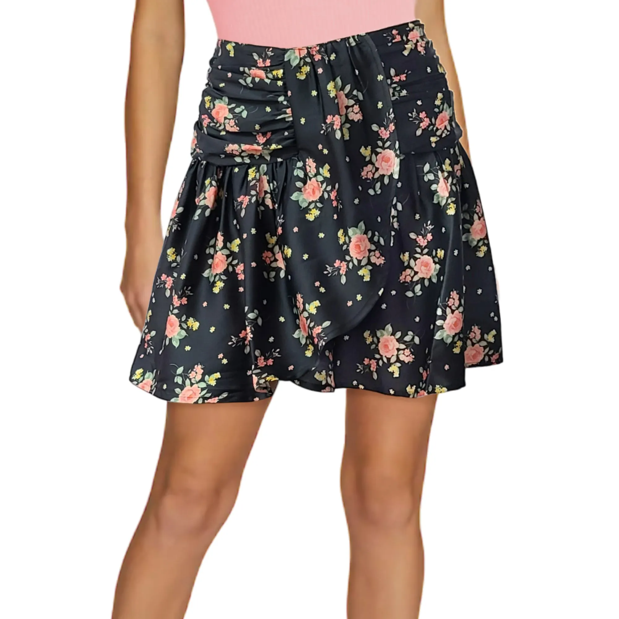 ASOS Floral Print Satin Finish Ruched Mini Skirt