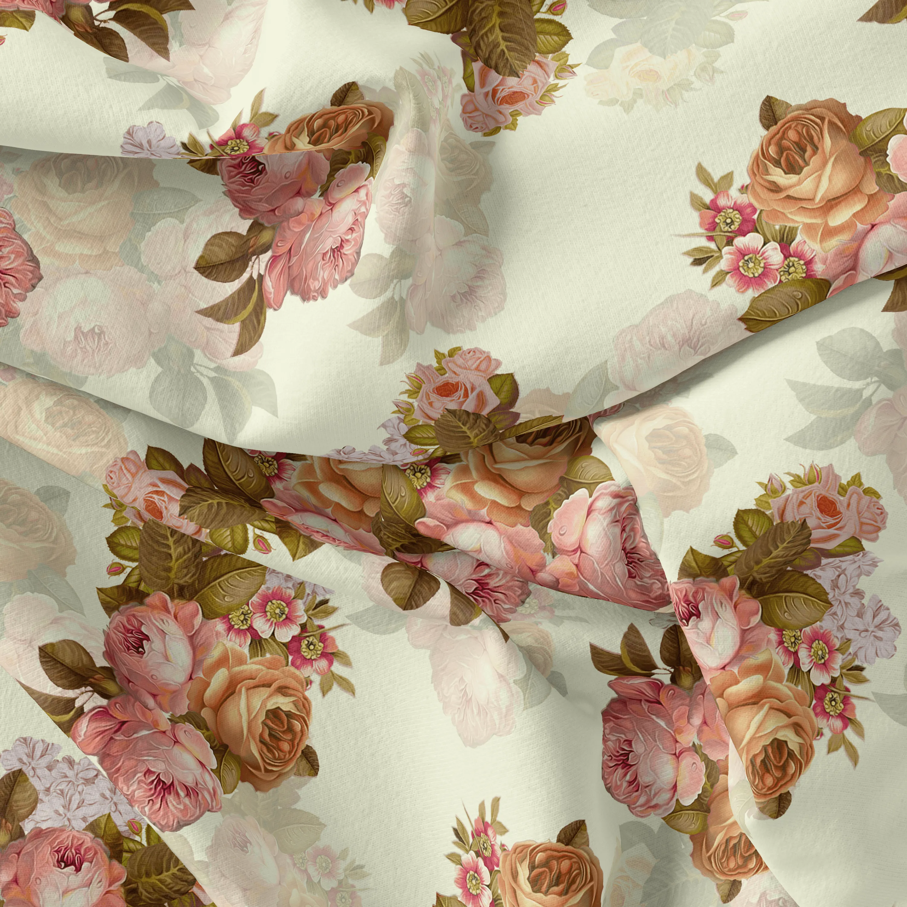 Beautiful Floral Golden Roses With Shiny Digital Printed Fabric - Poly Muslin