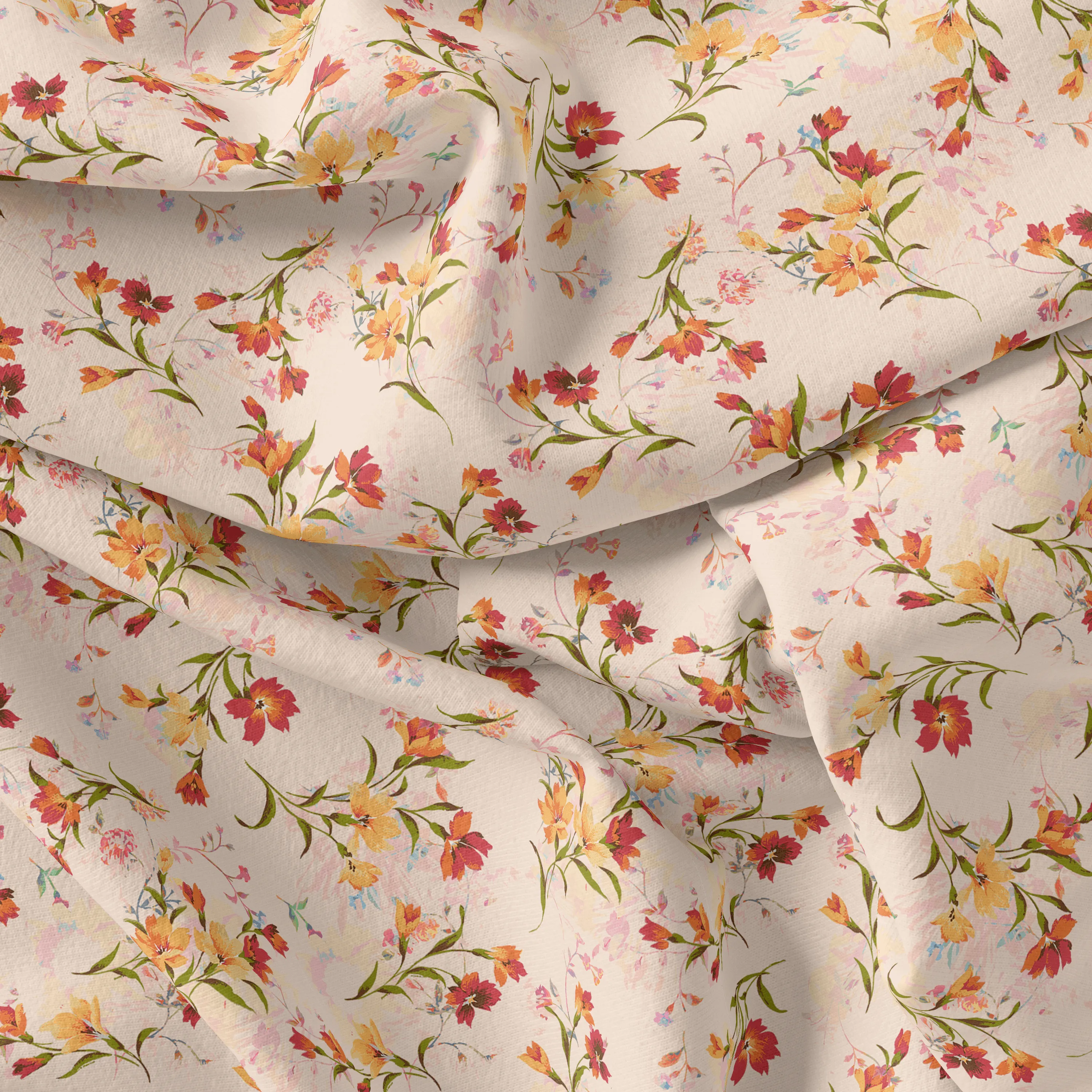 Beautiful Peach Calico Flowed Digital Printed Fabric - Silk Crepe