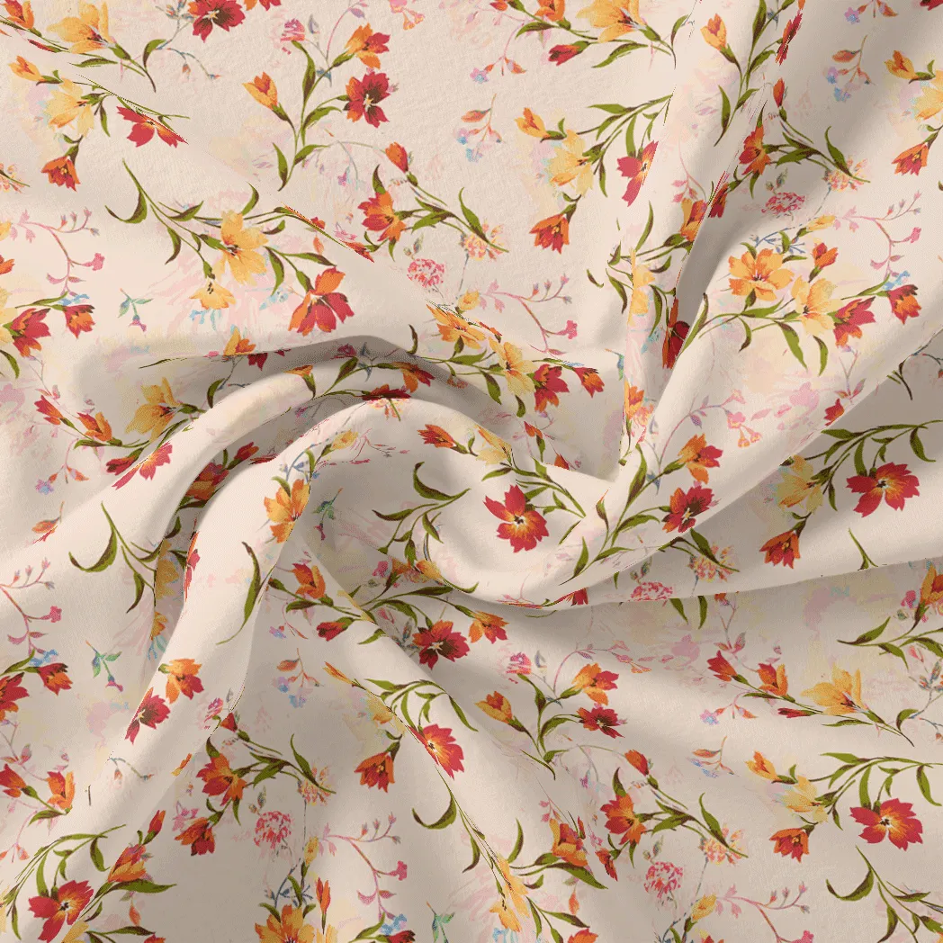 Beautiful Peach Calico Flowed Digital Printed Fabric - Silk Crepe