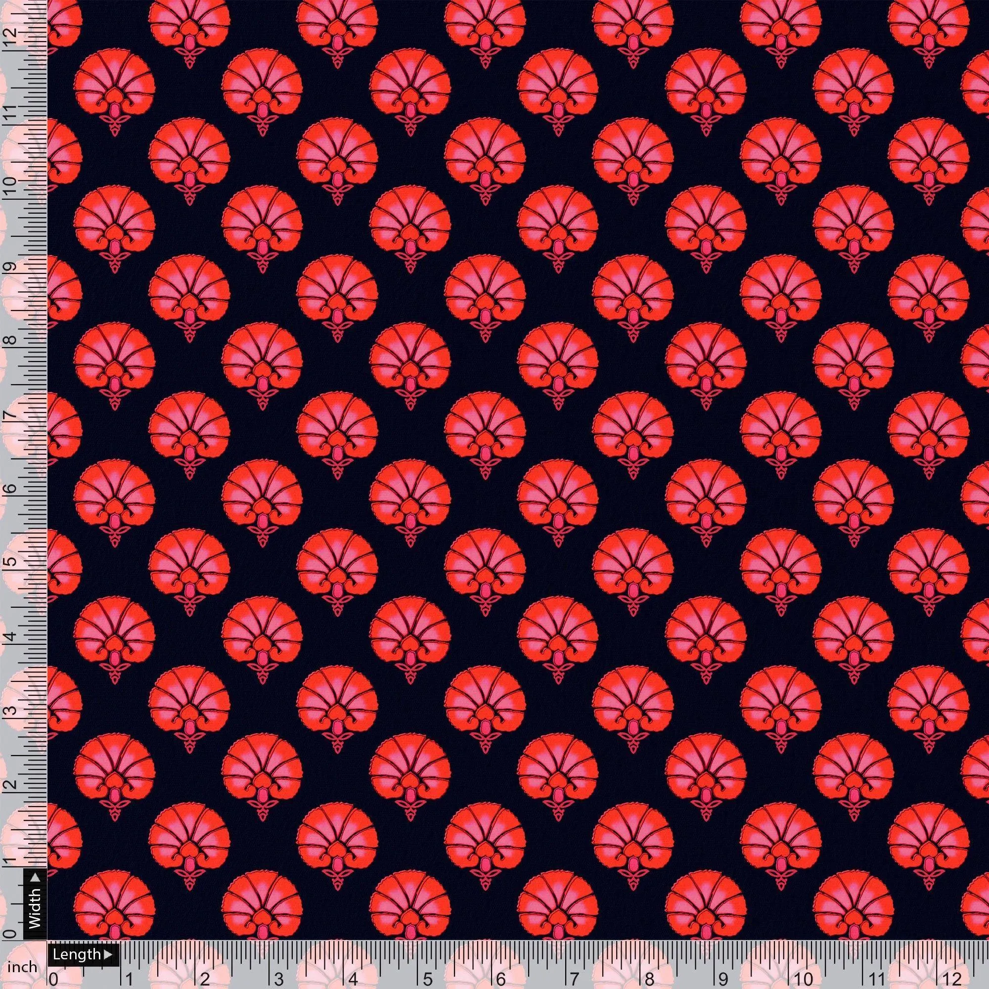 Beautiful Red Floral Over Dark Blue Base Printed Fabric