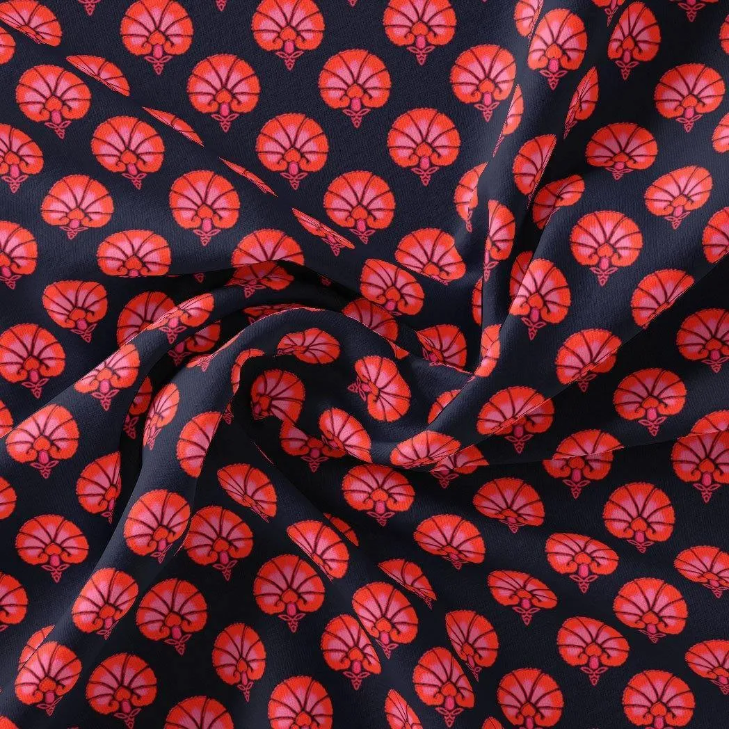 Beautiful Red Floral Over Dark Blue Base Printed Fabric