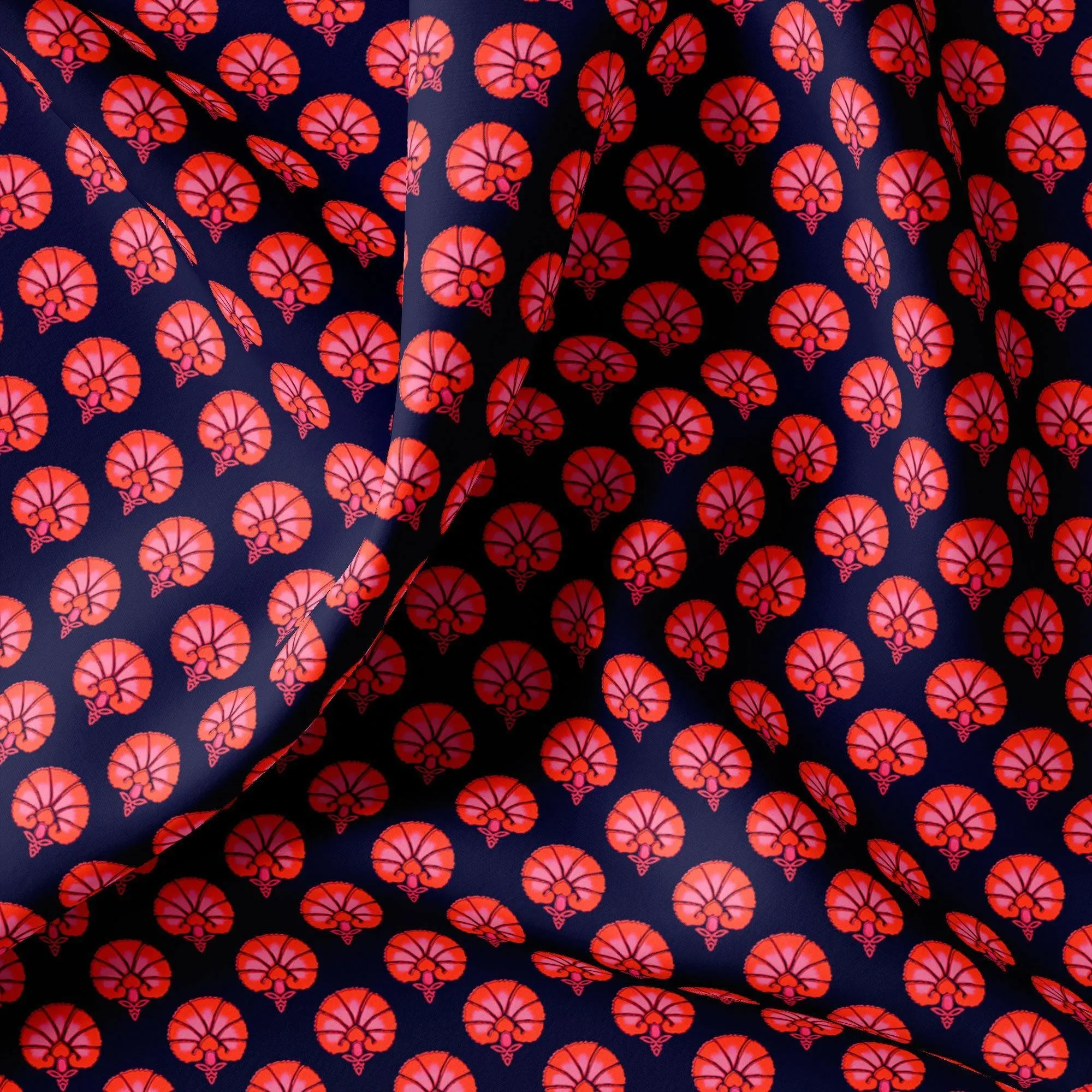 Beautiful Red Floral Over Dark Blue Base Printed Fabric