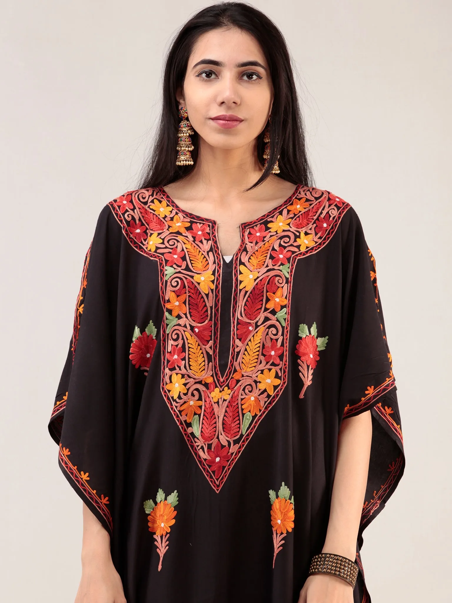 Black Aari Embroidered Kashmere Free Size Kaftan  - K12K040