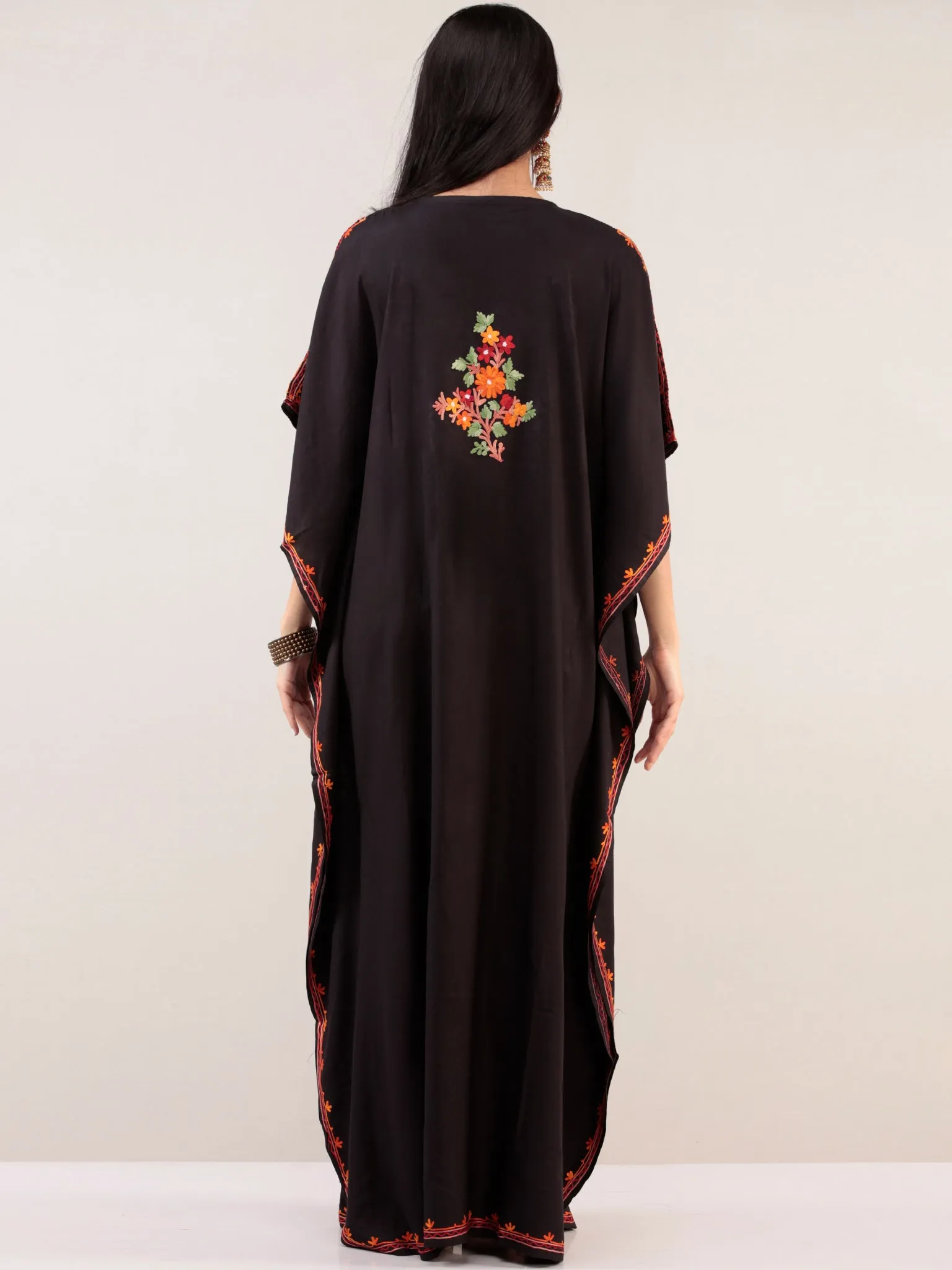 Black Aari Embroidered Kashmere Free Size Kaftan  - K12K040