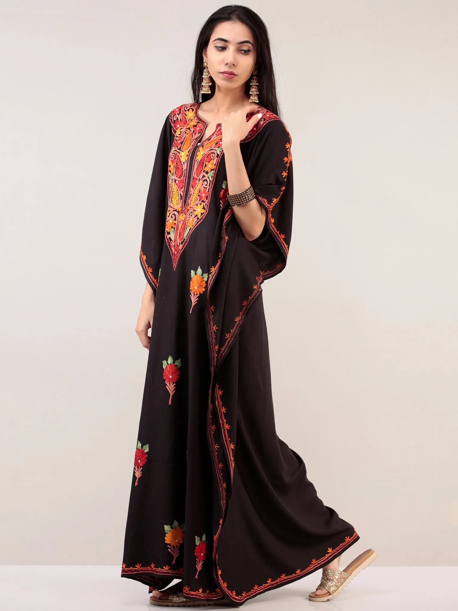 Black Aari Embroidered Kashmere Free Size Kaftan  - K12K040