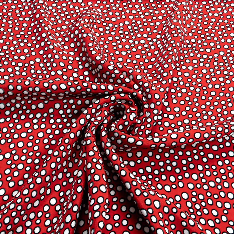 Black & White Spotted Red Marocain Silk Crêpe