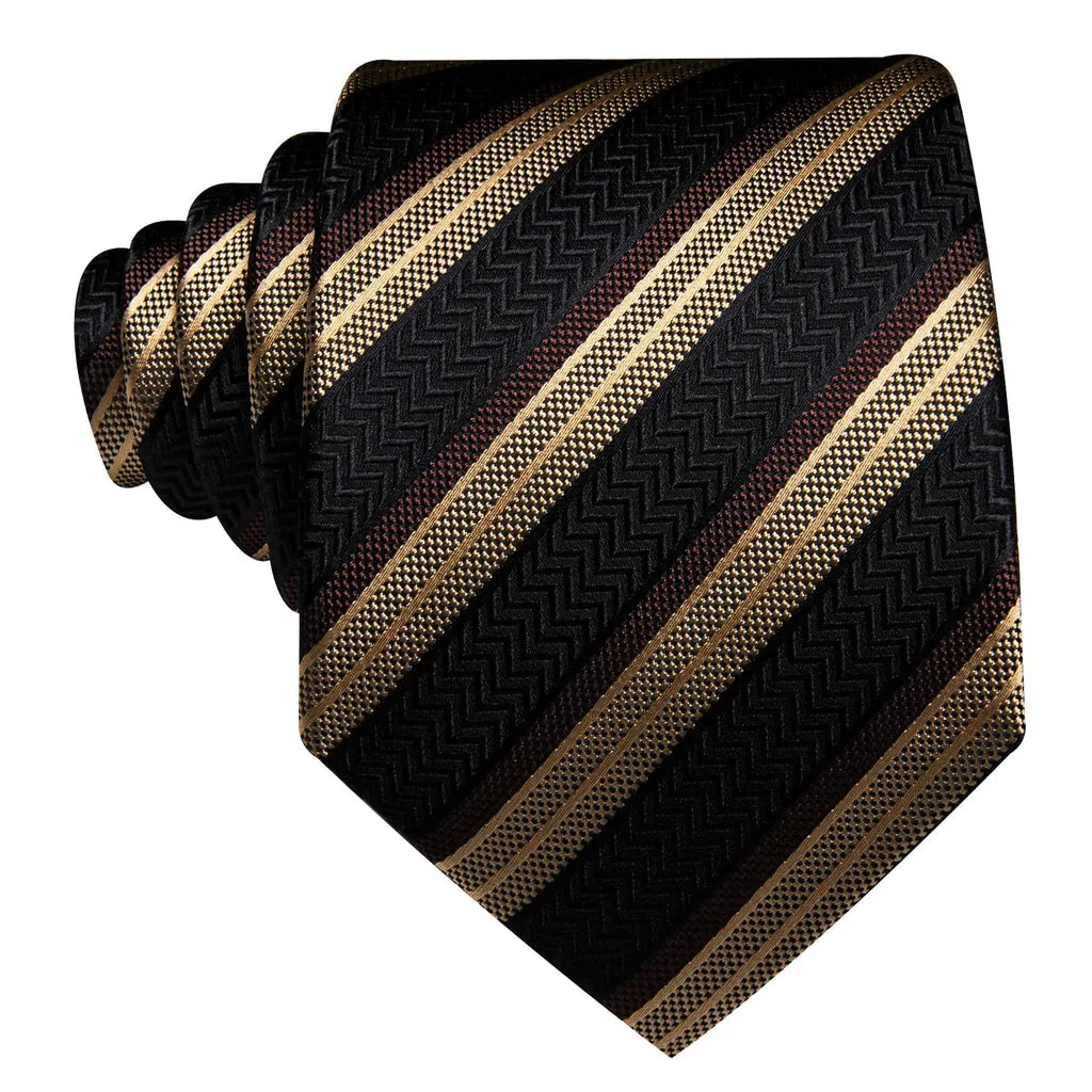 Black, Beige, and Brown Striped Tie, Pocket Square, and Cufflinks Set