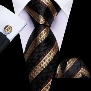 Black, Beige, and Brown Striped Tie, Pocket Square, and Cufflinks Set