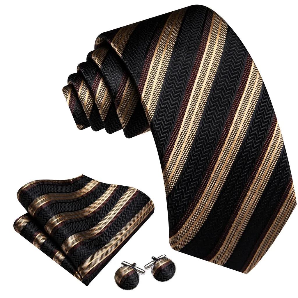 Black, Beige, and Brown Striped Tie, Pocket Square, and Cufflinks Set