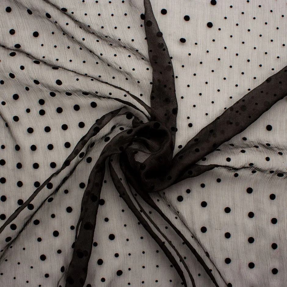 Black On Black Flocked Spotted Crinkled Silk Chiffon