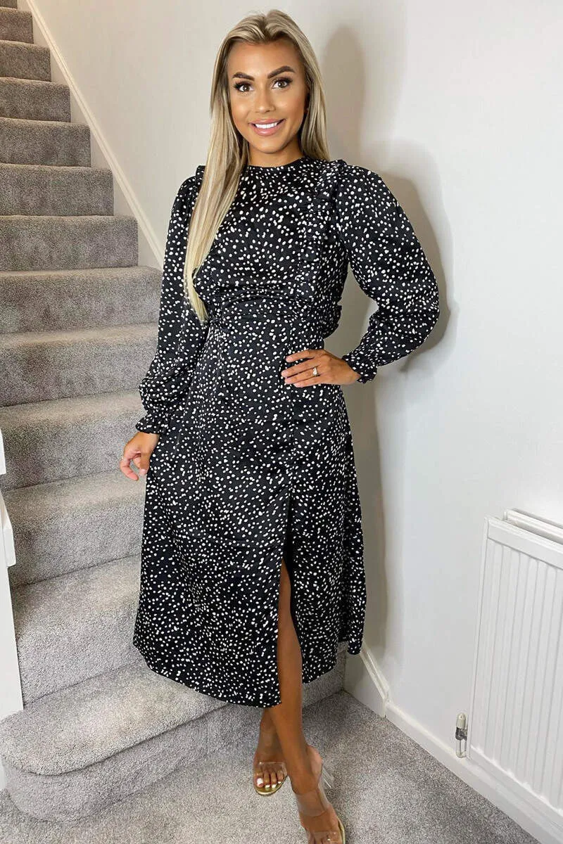 Black Printed Frill Front Midi Dress