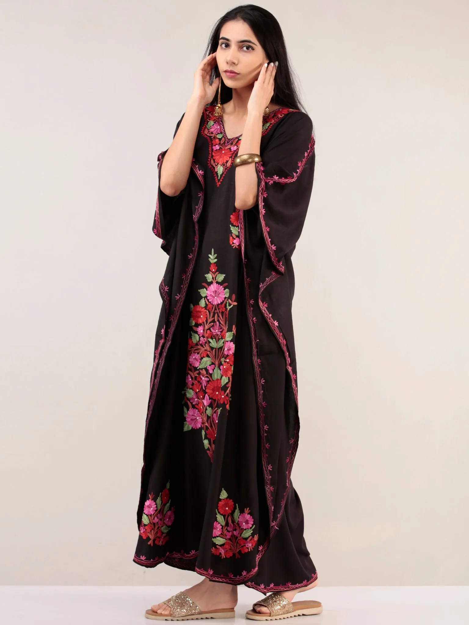 Black Rani Aari Embroidered Kashmere Free Size Kaftan  - K12K033