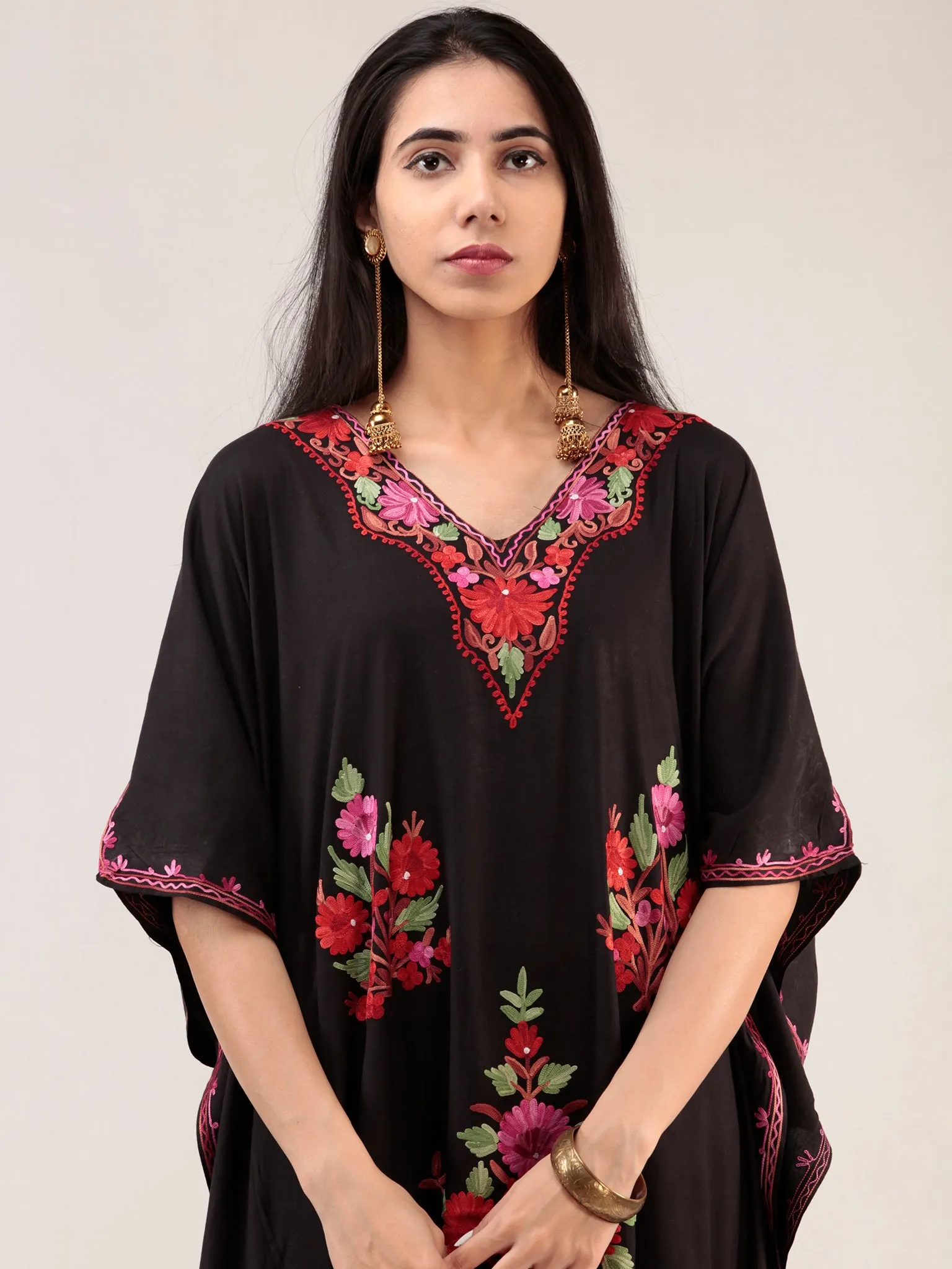 Black Rani Aari Embroidered Kashmere Free Size Kaftan  - K12K033