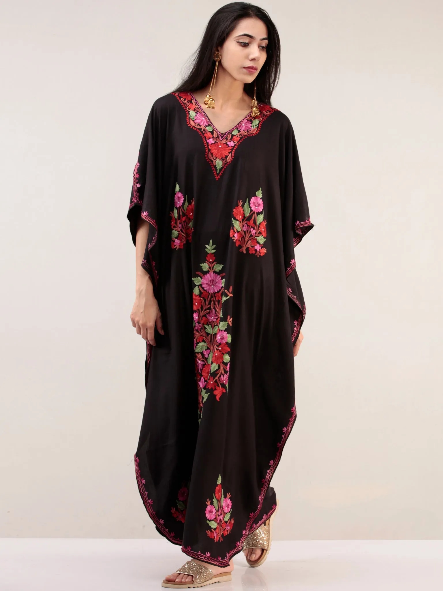 Black Rani Aari Embroidered Kashmere Free Size Kaftan  - K12K033