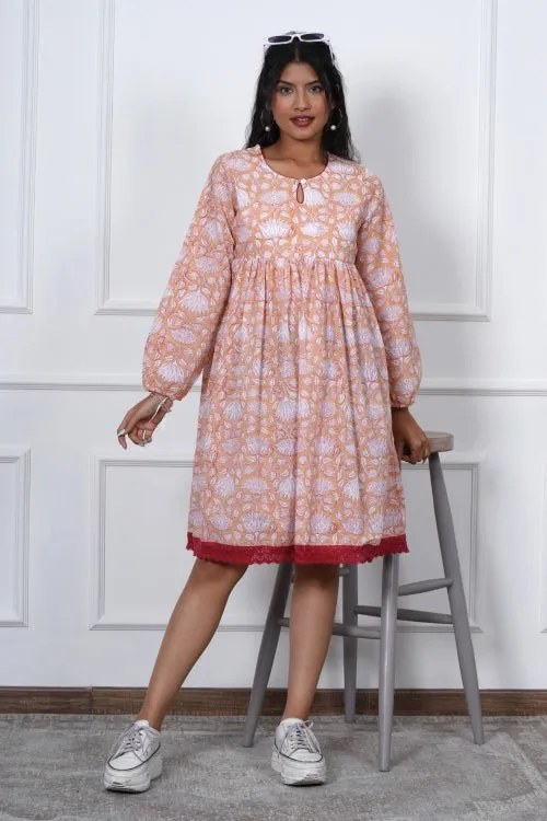 Bliss Peach Hand Block Printed Dress