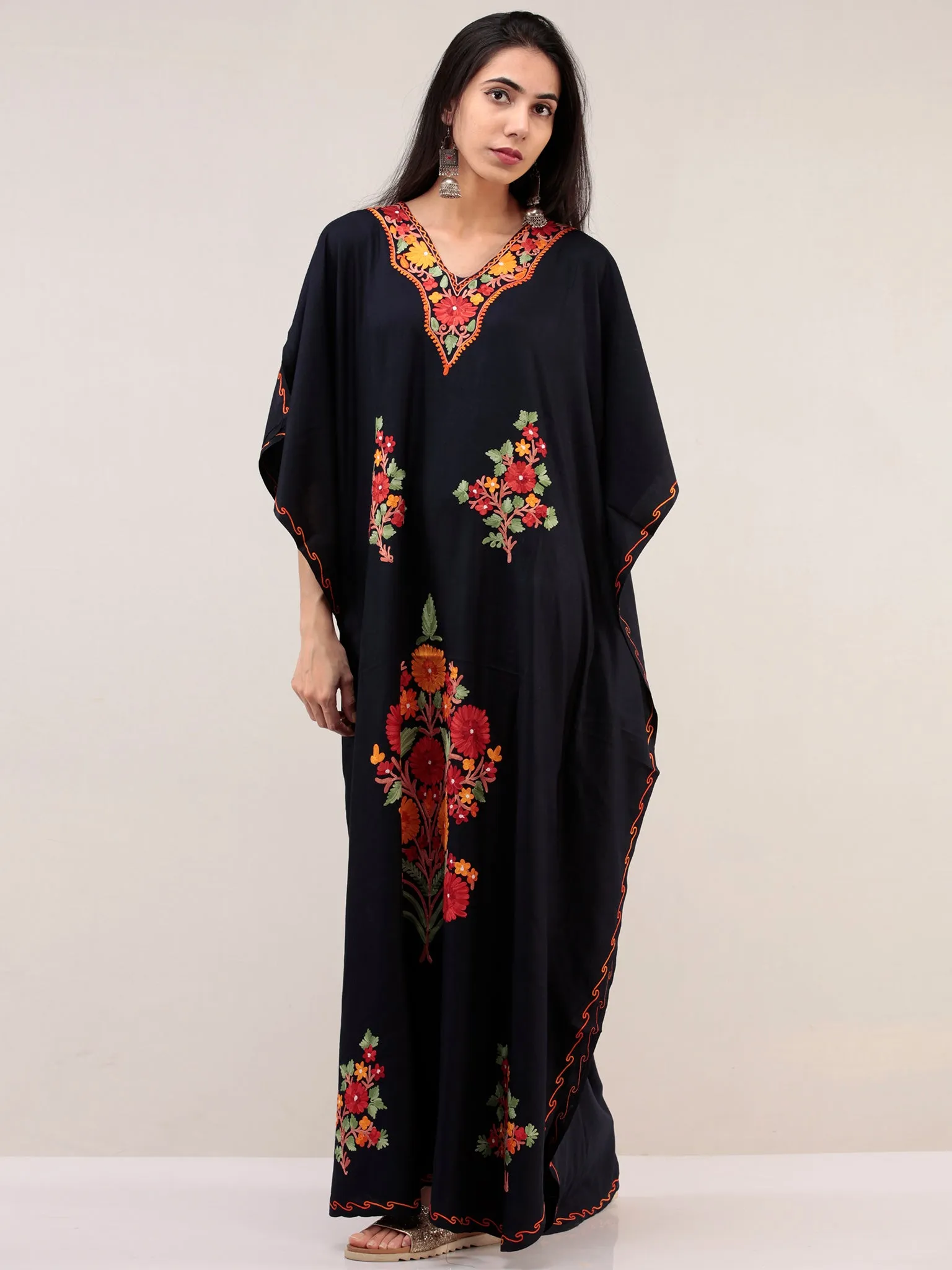 Blue Aari Embroidered Kashmere Free Size Kaftan  - K12K051