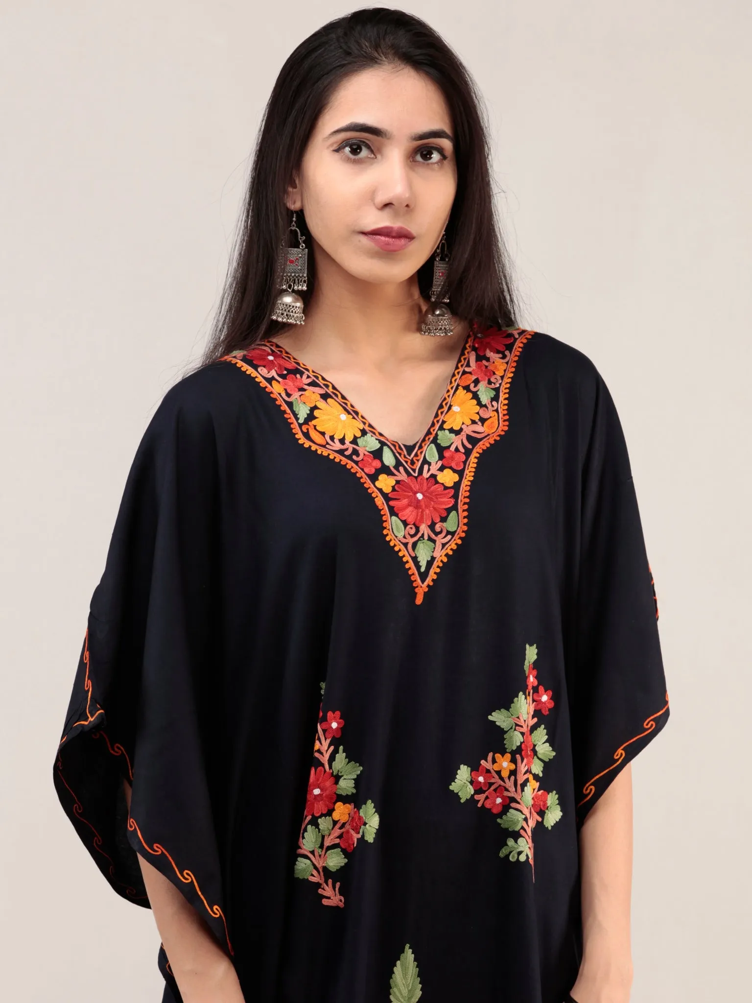 Blue Aari Embroidered Kashmere Free Size Kaftan  - K12K051