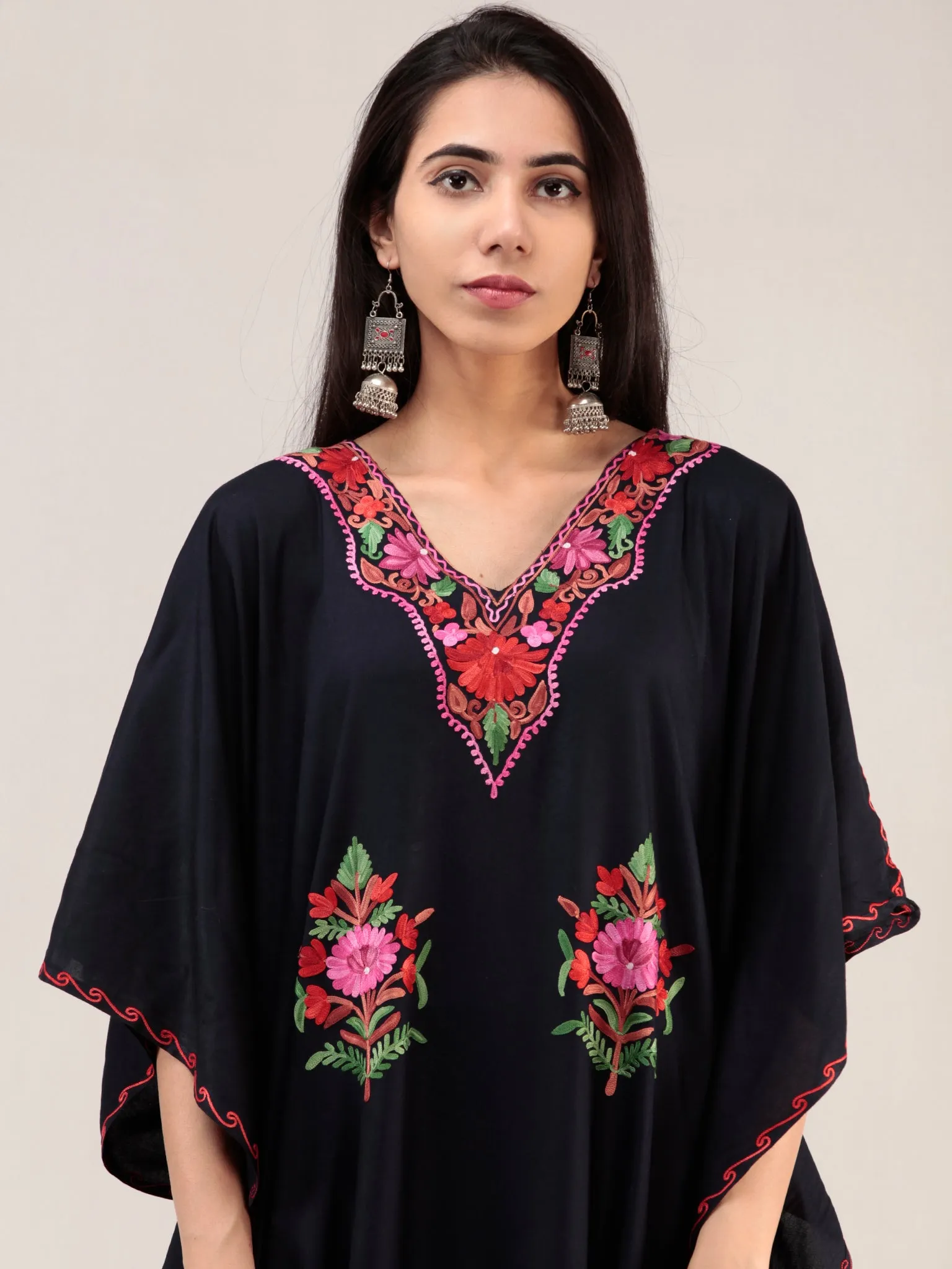 Blue Aari Embroidered Kashmere Free Size Kaftan  - K12K052