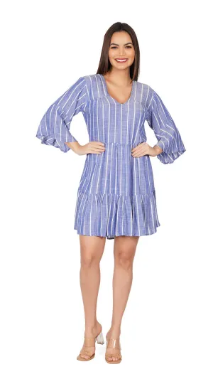 Blue and White Striped Printed V-Neck Regular Fit Short Dress