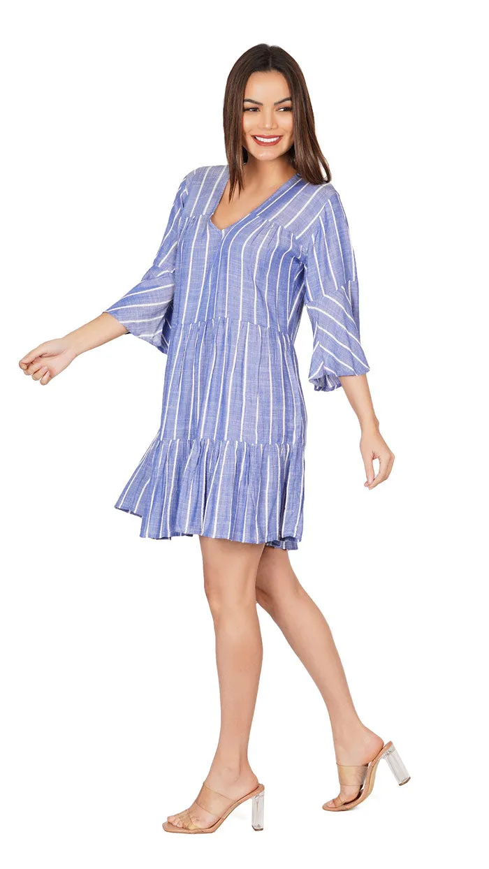 Blue and White Striped Printed V-Neck Regular Fit Short Dress