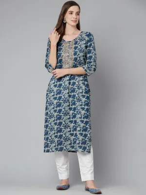 Blue Floral Cotton Straight Kurta