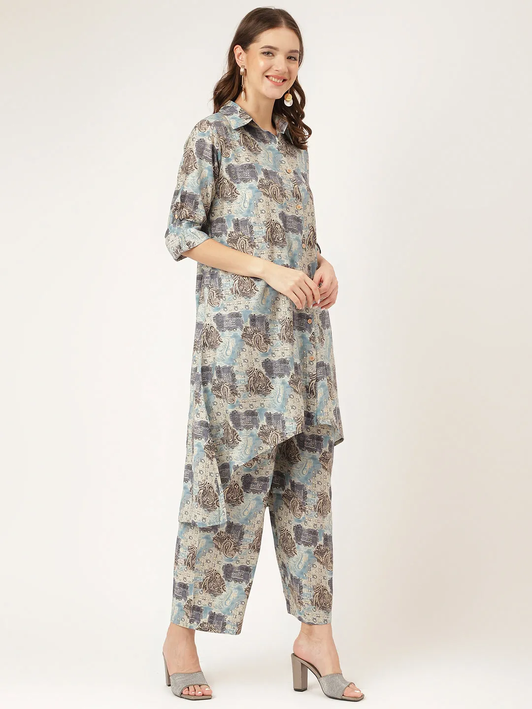 Blue Foil Printed Chanderi Co-ord Set