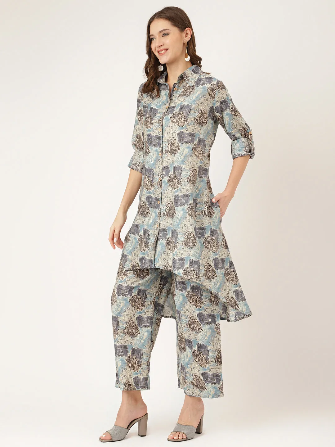 Blue Foil Printed Chanderi Co-ord Set