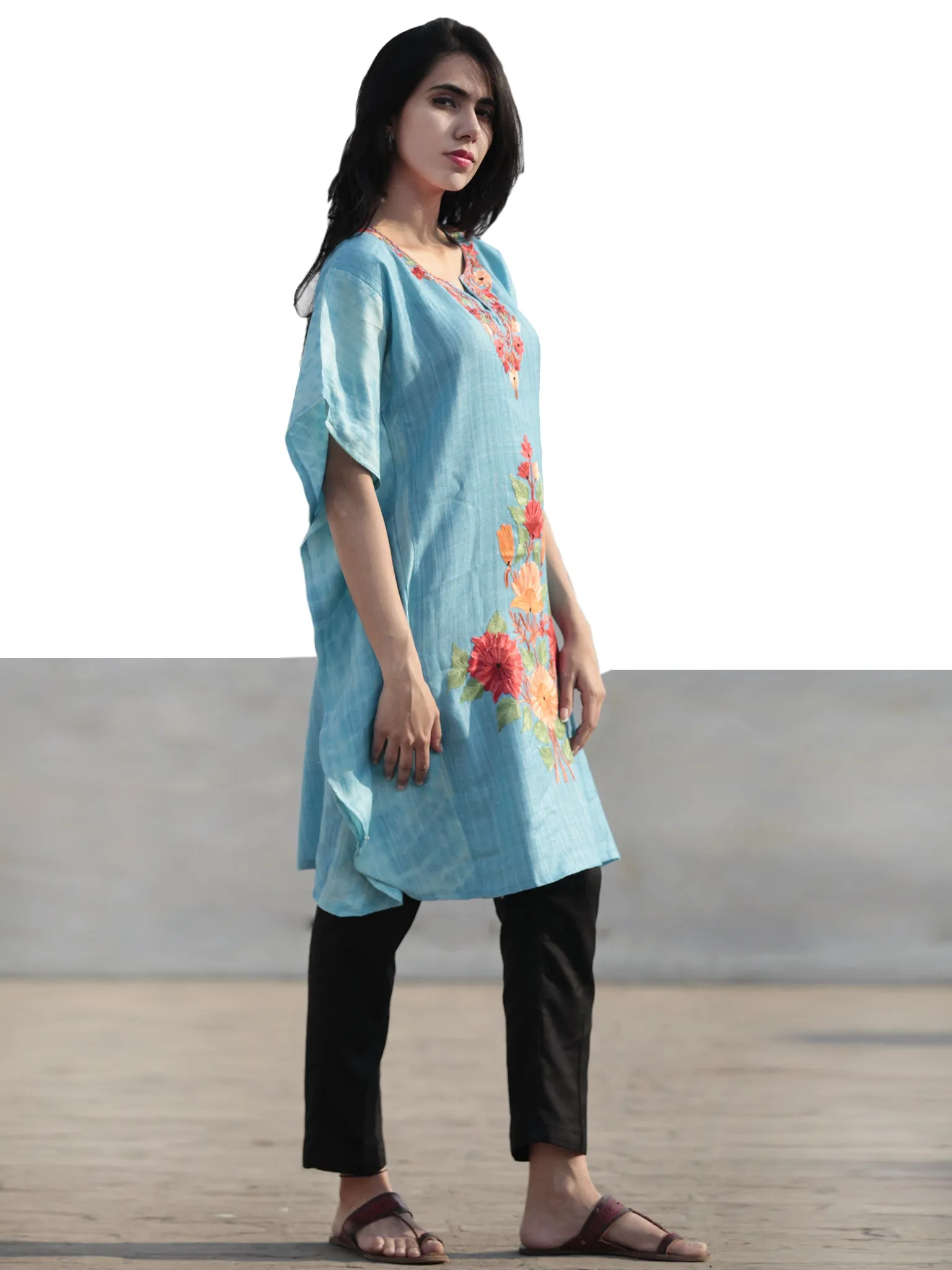 Blue Red Orange Green Aari Embroidered Short Kashmere Kaftan  - K11K047