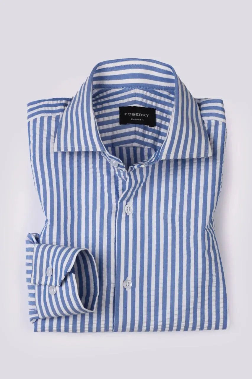 Blue Seersucker Candy Striped Shirt