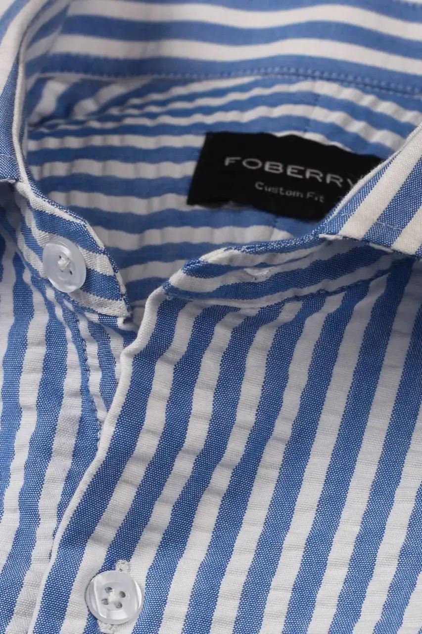 Blue Seersucker Candy Striped Shirt