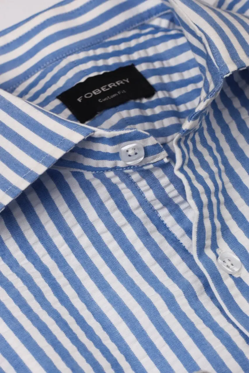 Blue Seersucker Candy Striped Shirt