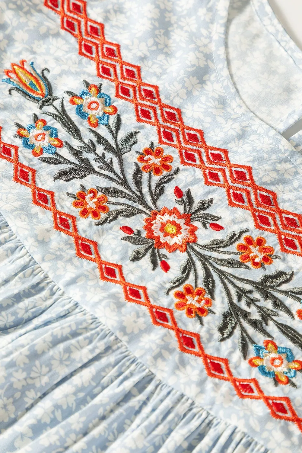 Bohemian Sky Blue Floral Embroidered Flutter Sleeve Top