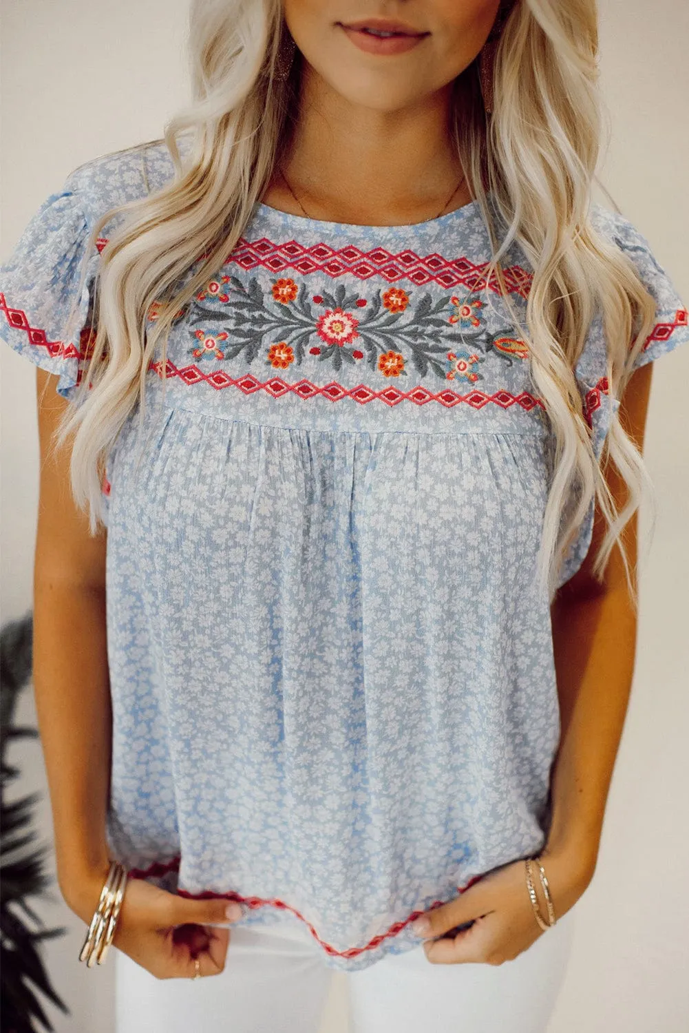 Bohemian Sky Blue Floral Embroidered Flutter Sleeve Top