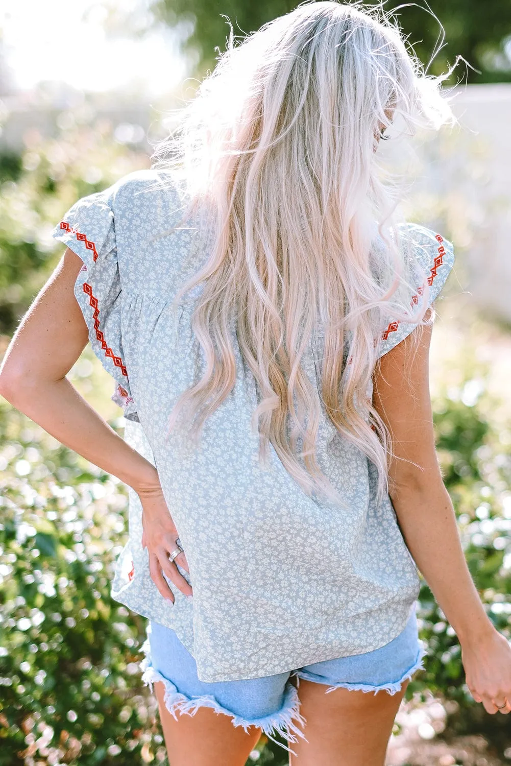 Bohemian Sky Blue Floral Embroidered Flutter Sleeve Top