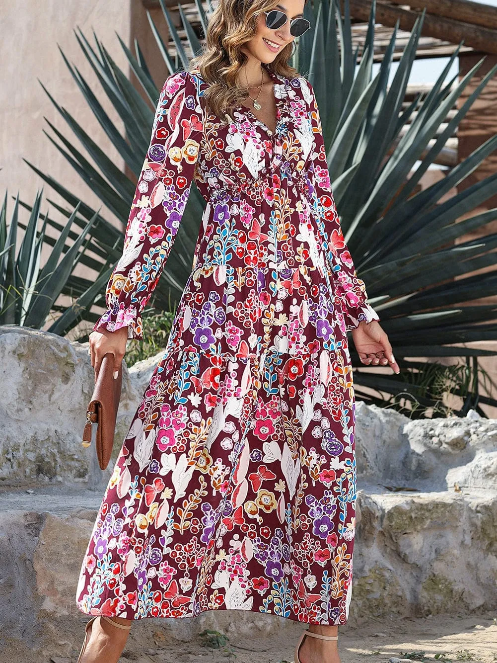 Bohemian Violet Floral Print V-Neck Maxi Dress