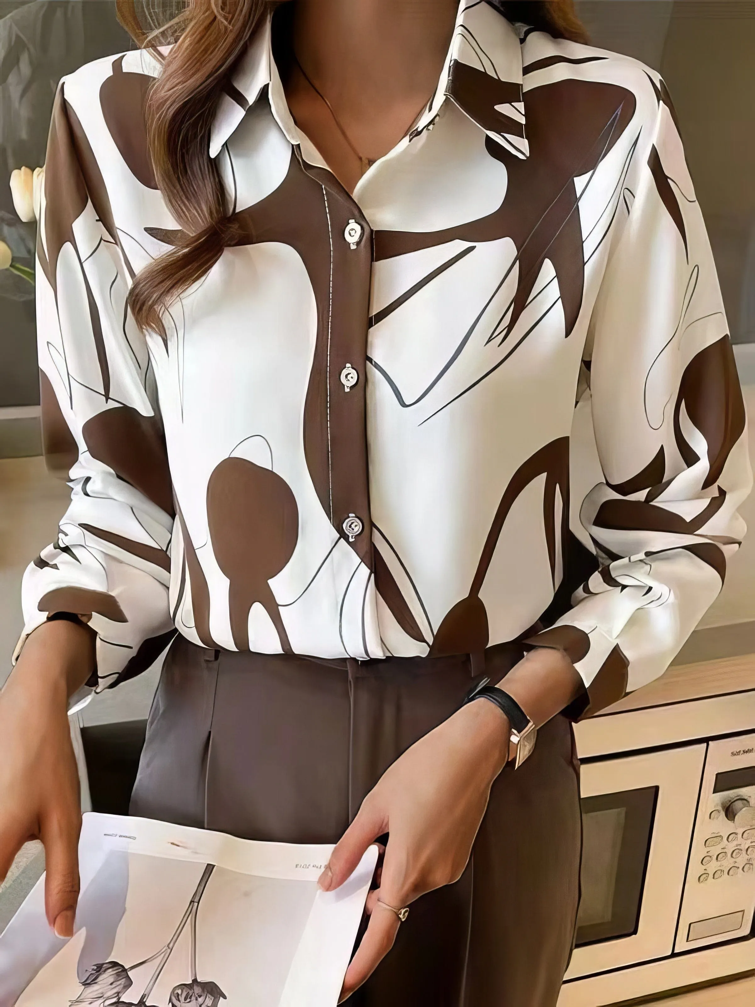 Brown and White Geometric Print Blouse