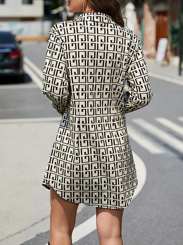 Buttoned Contrast Color Printed Long Sleeves Lapel Mini Dresses