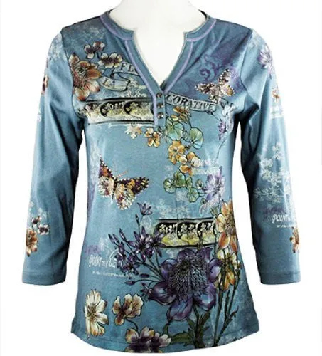 Cactus Fashion - Playful Butterflies, Rhinestones, Glacier Blue Top