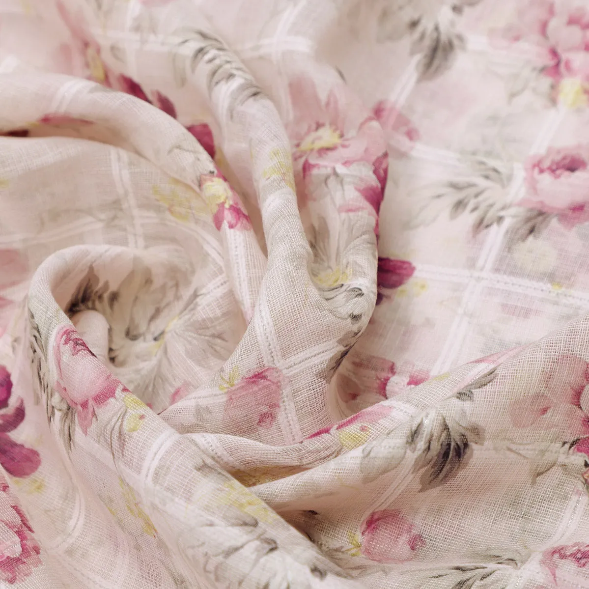 Captivating Linen Fabric Adorned with Wine and Pink Floral Design