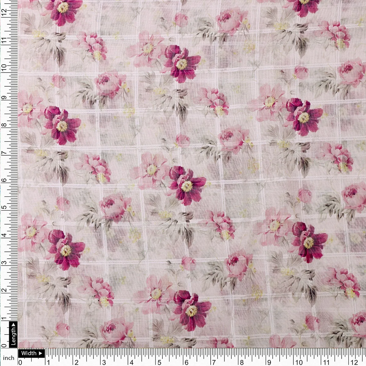 Captivating Linen Fabric Adorned with Wine and Pink Floral Design